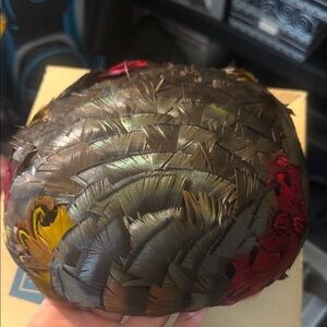 Vintage Feathered Pillbox Hat in Iridescent Brown with Red & Yellow Accents